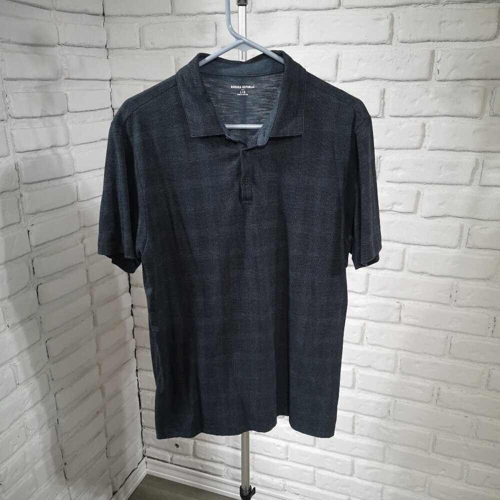 Banana Republic Men's Size Large Dark Grey Plaid Short Sleeve Polo Shirt